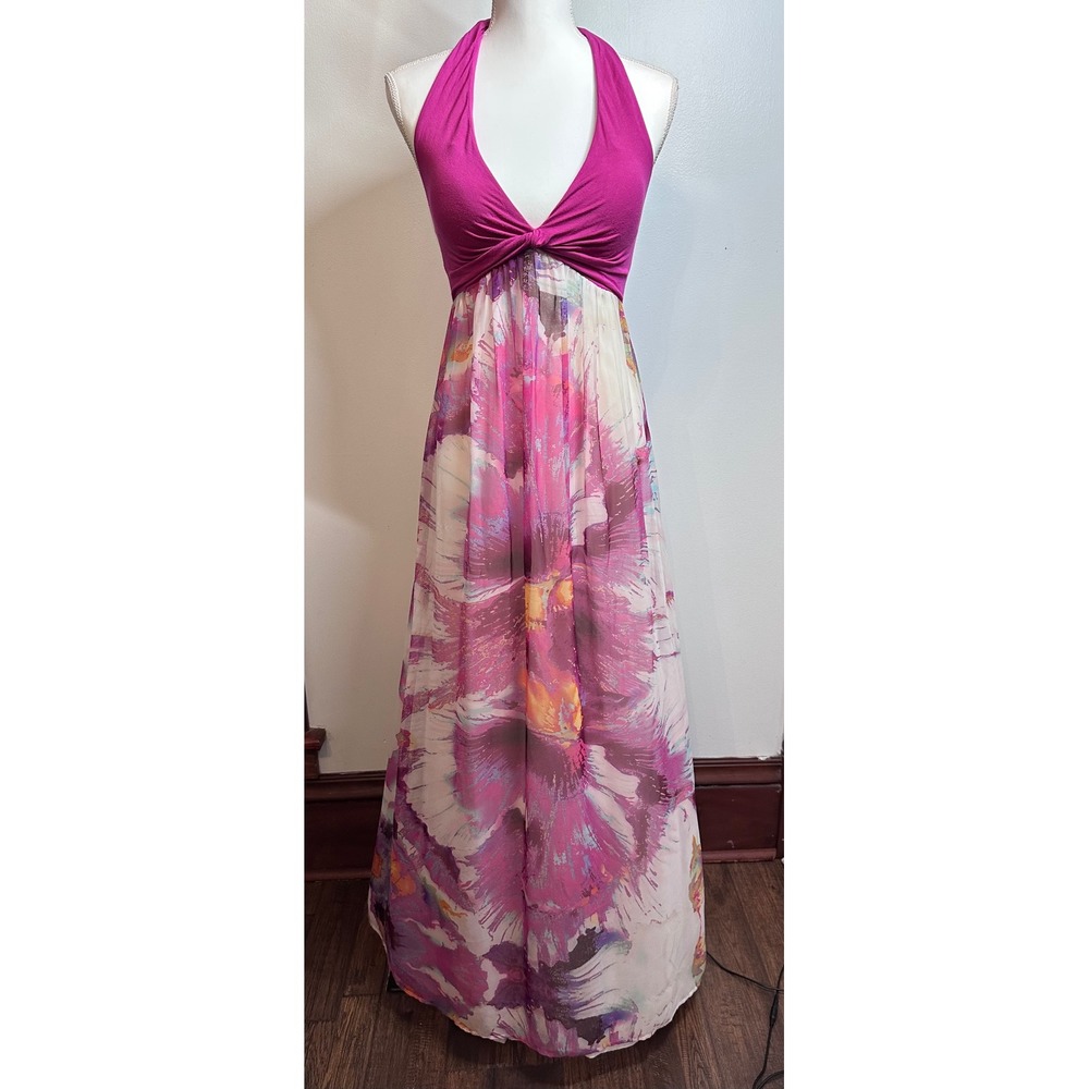Arden B Magenta Floral Halter Maxi Dress Smocked Back Size S Pink Abstract Y2K